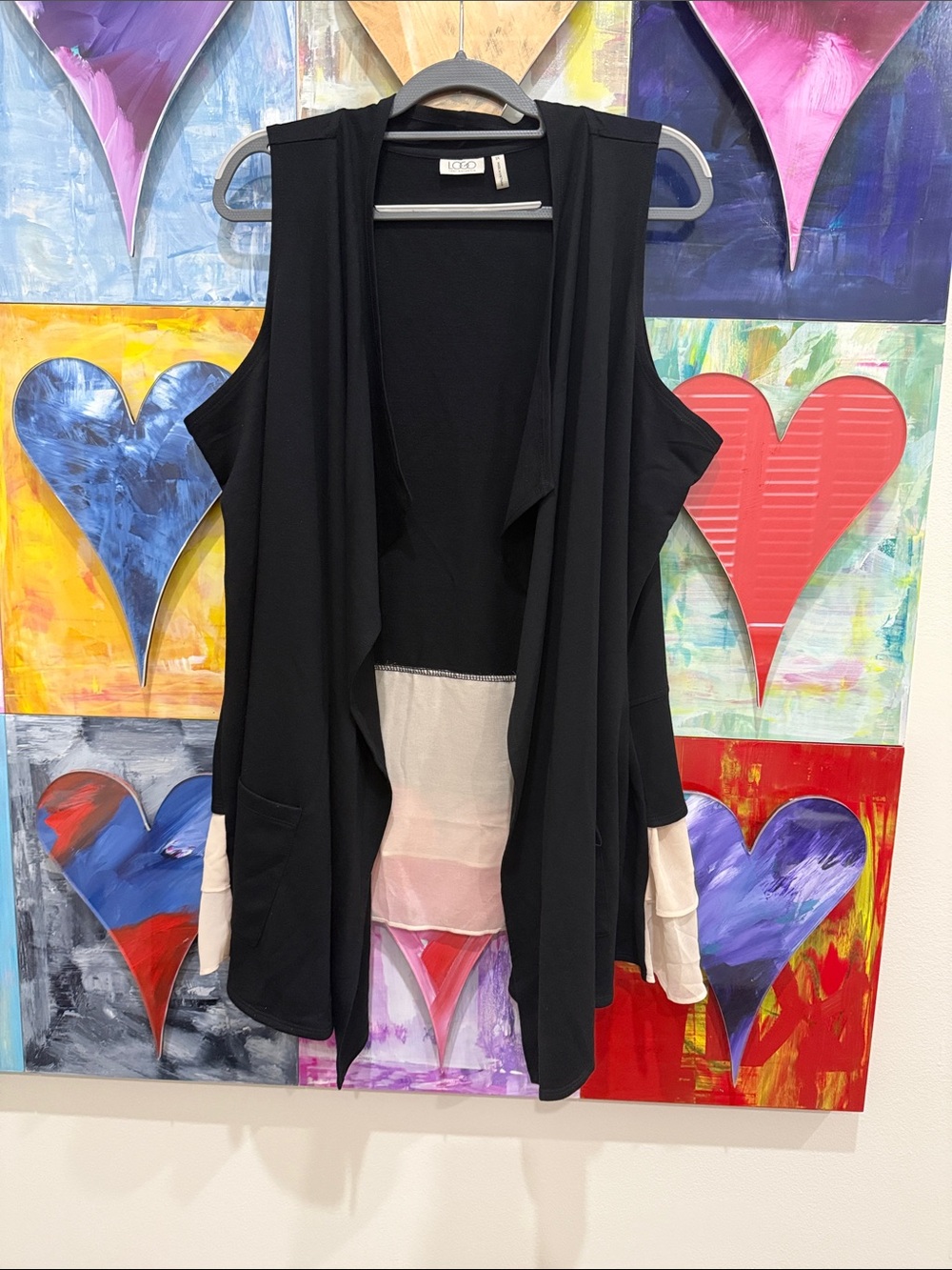 LOGO by Laurie Goldstein Black Open Front Layered Vest with Ivory Tiered Back